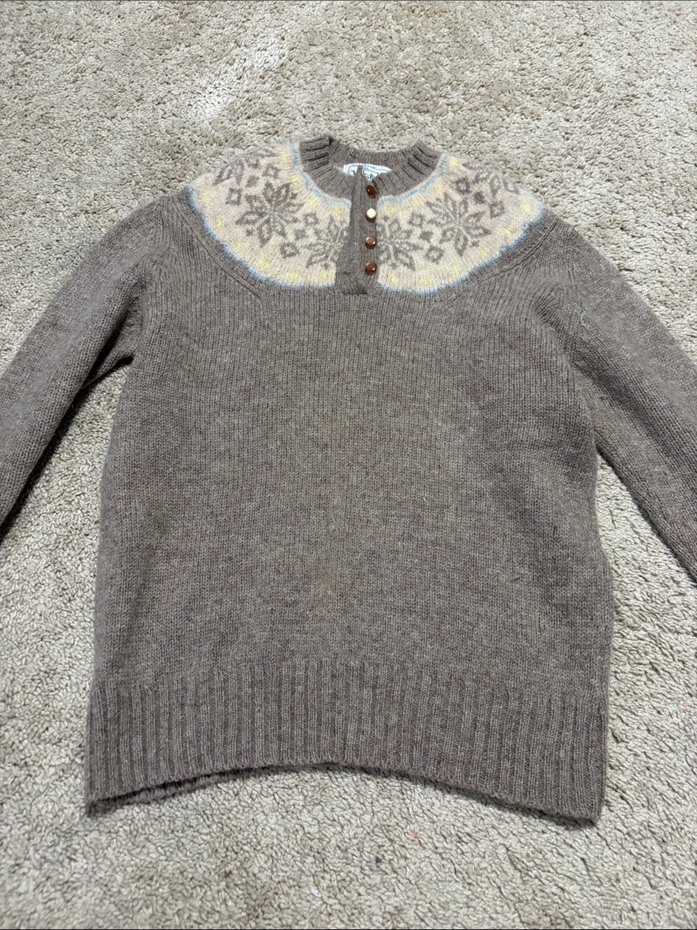 Woolrich Vintage Fair Isle Wool Henley Sweater Brown Snowflake Nordic Womens Med